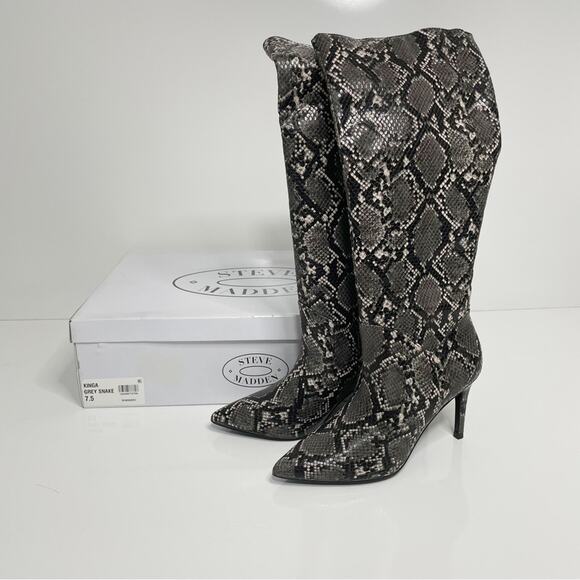 NEW Steve Madden Kinga Snake Snakeskin Stiletto Heel Boots Grey Black 7.5 - Picture 2 of 9